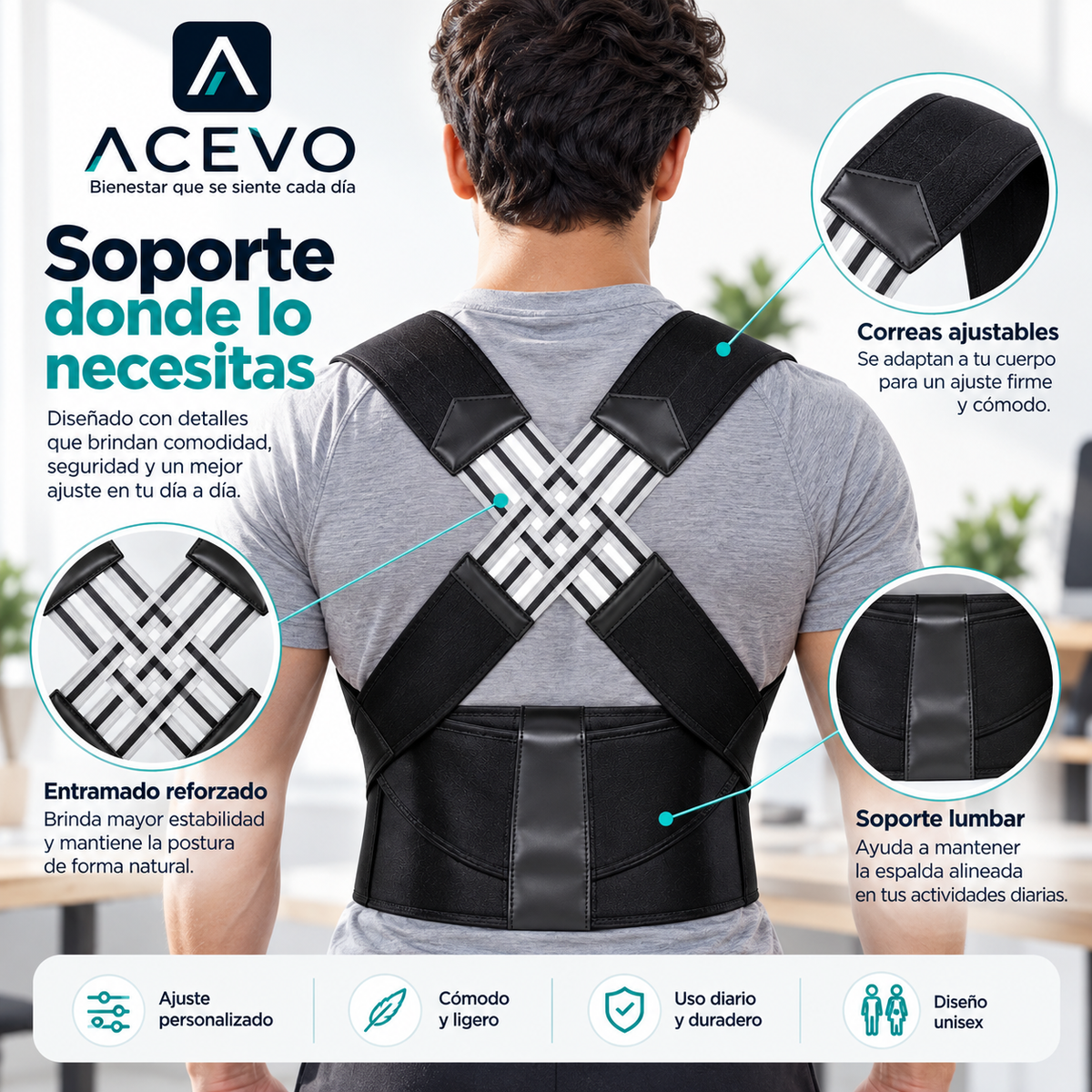 Corrector de Postura Ajustable con Soporte Lumbar