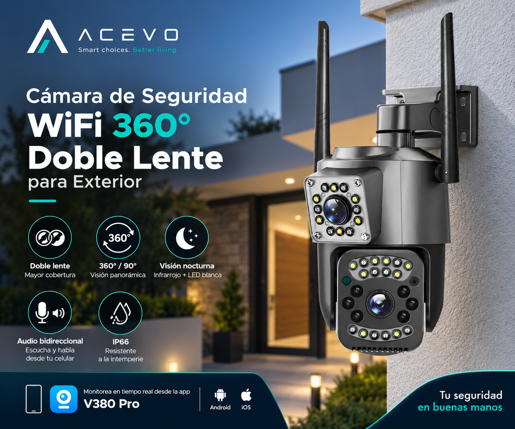 Cámara de Seguridad WiFi 360° Doble Lente para Exterior