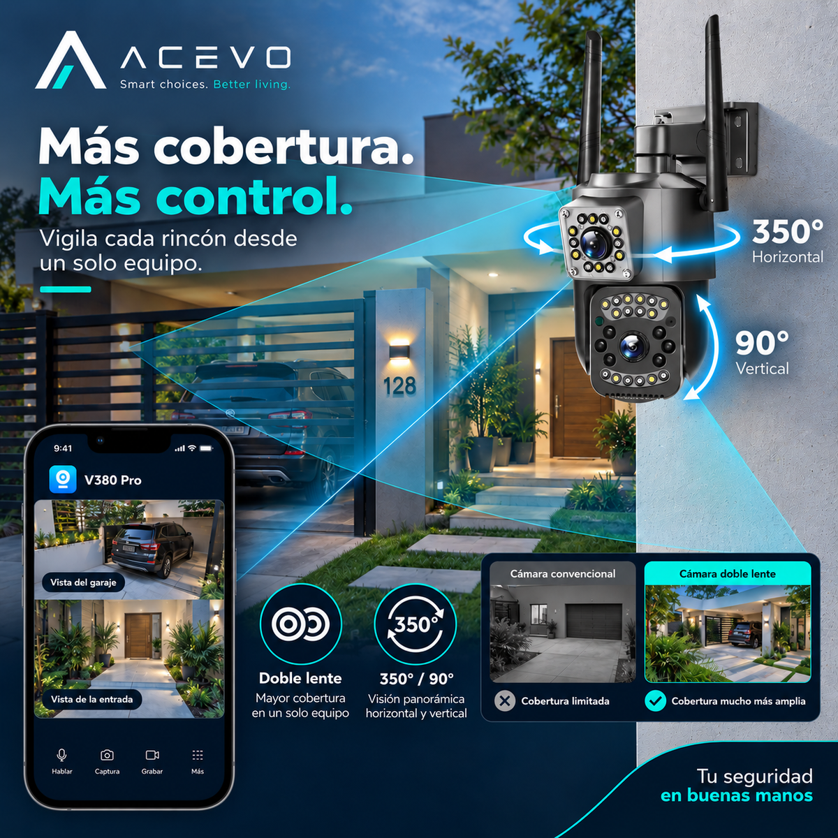 Cámara de Seguridad WiFi 360° Doble Lente para Exterior