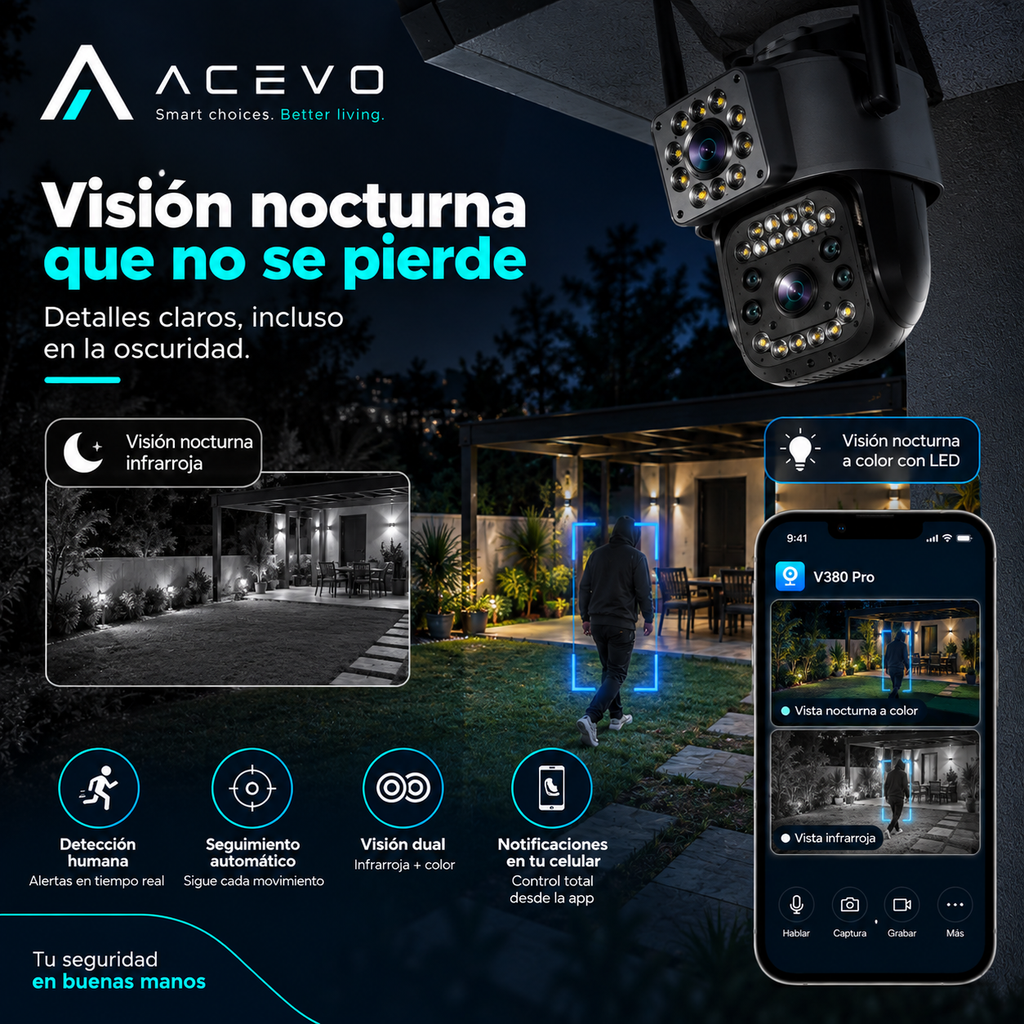 Cámara de Seguridad WiFi 360° Doble Lente para Exterior