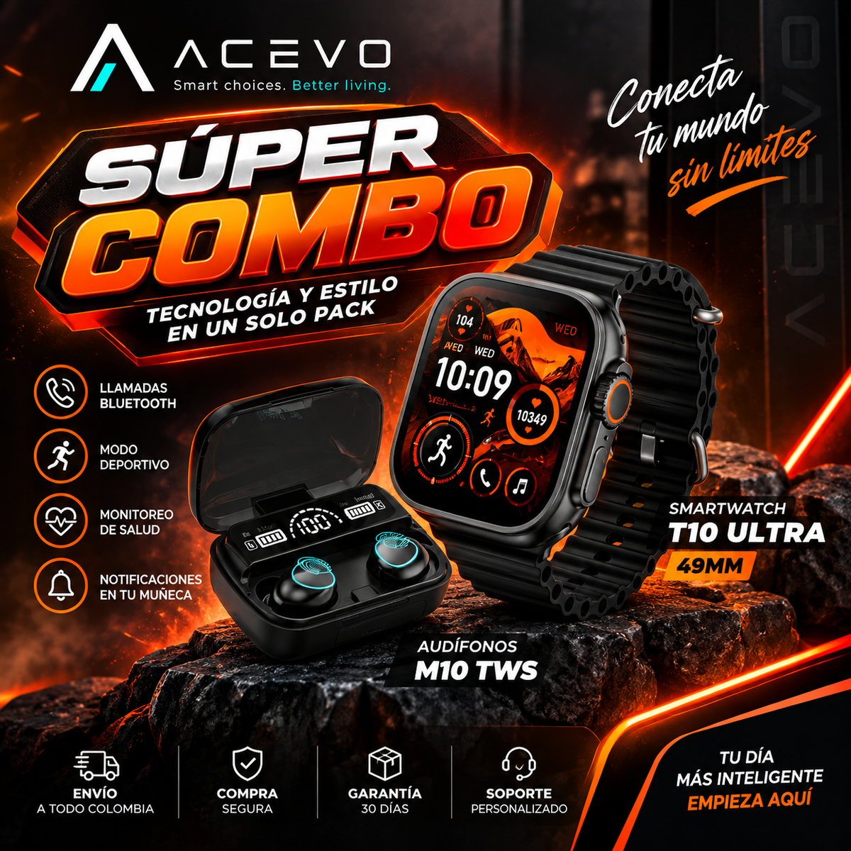 Combo Smartwatch T10 Ultra 49mm + Audífonos Inalámbricos M10 TWS