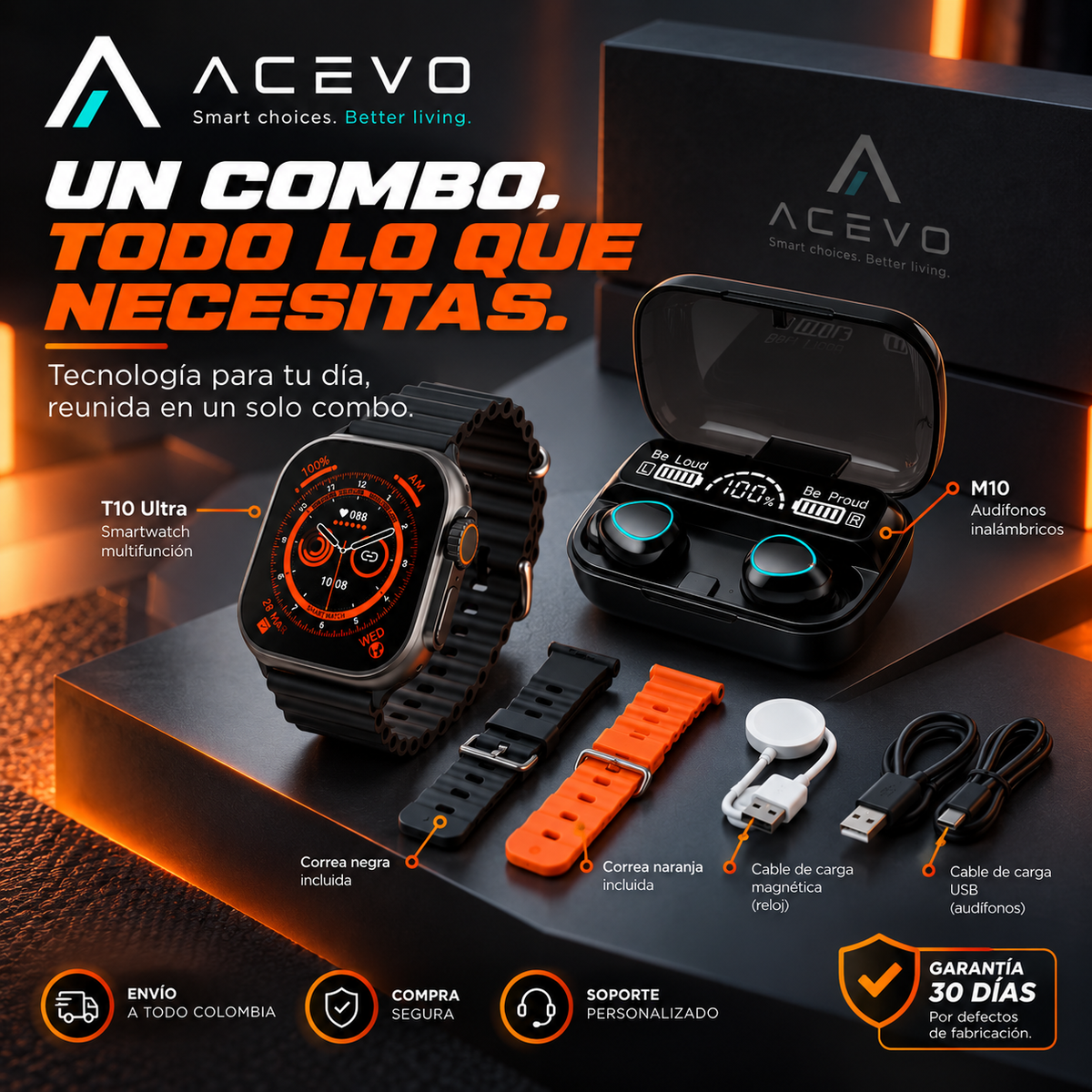 Combo Smartwatch T10 Ultra 49mm + Audífonos Inalámbricos M10 TWS
